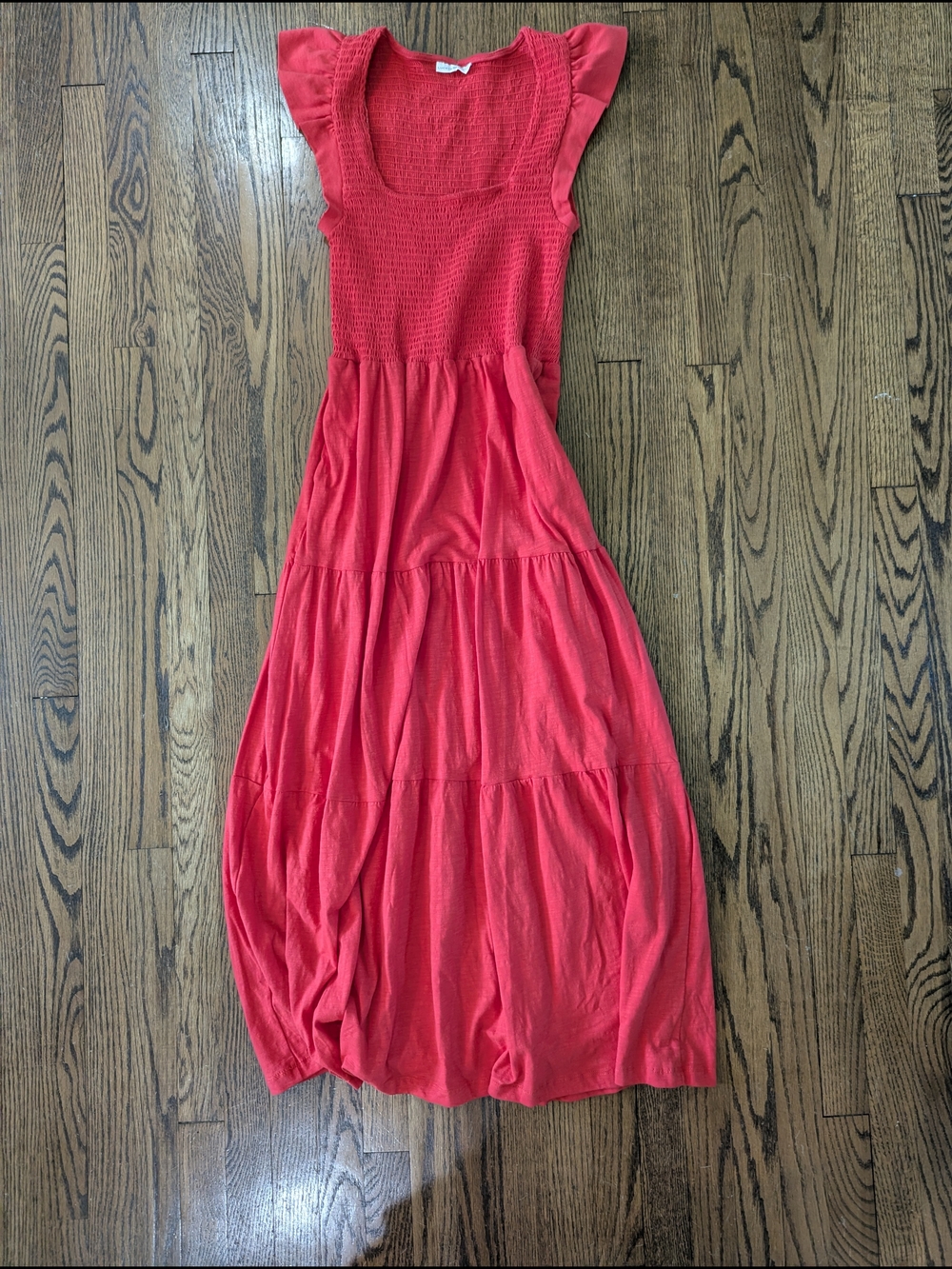 Lucky Brand Coral Red Tiered Maxi Dress with Flutter Sleeves